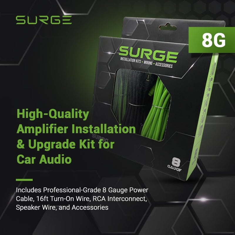 Surge طقم أسلاك مكبر الصوت 8 قياس – كابل طاقة أخضر بطول 20 قدم، كابل RCA بطول 20 قدم، سلك مكبر صوت بطول 30 قدم، حامل فيوز Mini-AGU، أنابيب مقسمة وإكسسوارات – طقم تركيب مكبر صوت السيارة - Image 4